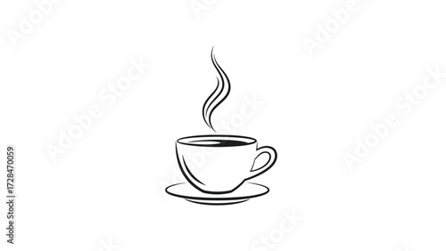 Illustration of a steaming cup of coffee on a saucer.