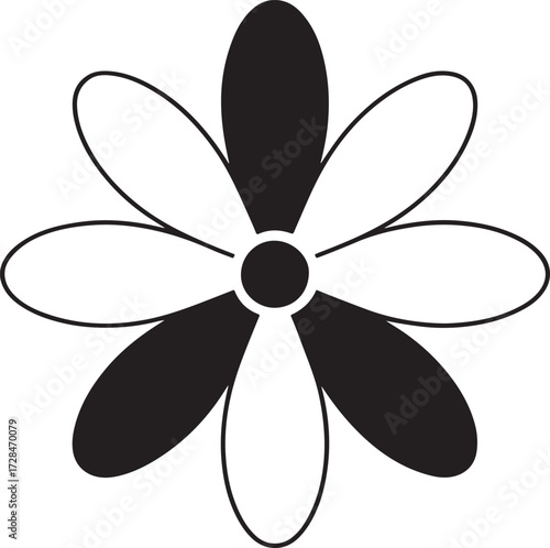 Radial black and white petal design with geometric symmetry and contrast in circular flower-like abstract pattern.