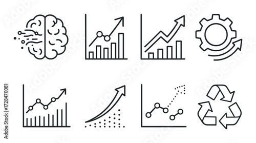 Abstract icons reflecting brainstorming, growth, and recycling concepts in dark tones