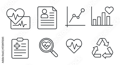 Health and analytics icons on dark background