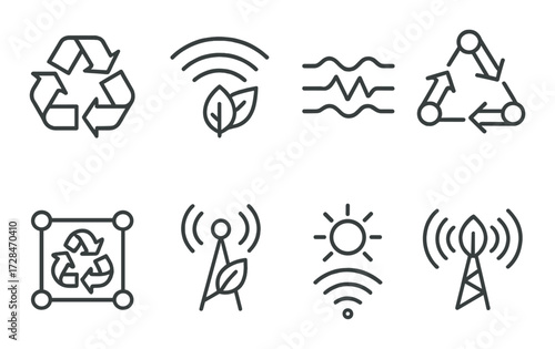 Modern eco-friendly technology icons featuring recycle and wireless signals