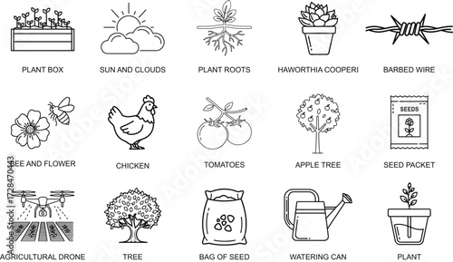 Gardening and Farming Line Icon Set for Agriculture and Plant Care Concepts