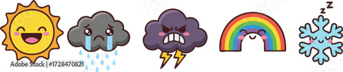 Adorable cartoon weather icons, each expressing an emotion happy sun, sad cloud, angry storm, joyful rainbow, and sleepy snowflake. A delightful visual concept