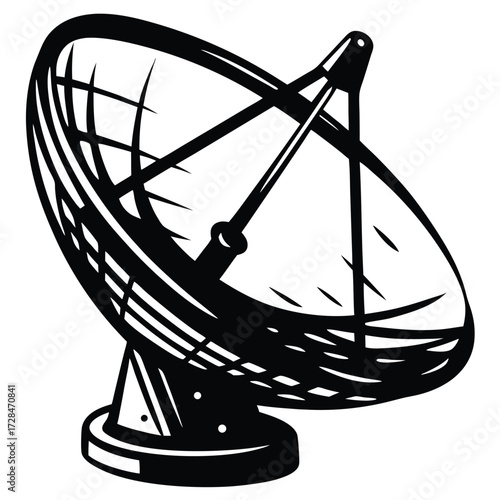 Dark navy radio telescope facing rightward stands firm against a stark white backdrop