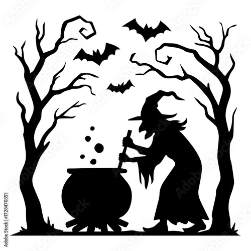 Vector Art 2025 Silhouette of a witch stirring a cauldron under twisted trees with bats flying above.