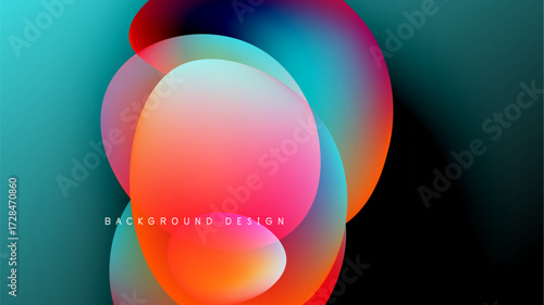 Abstract fluid shapes overlap, creating vibrant color gradients. Background is dark, emphasizing bright hues. Modern design element.