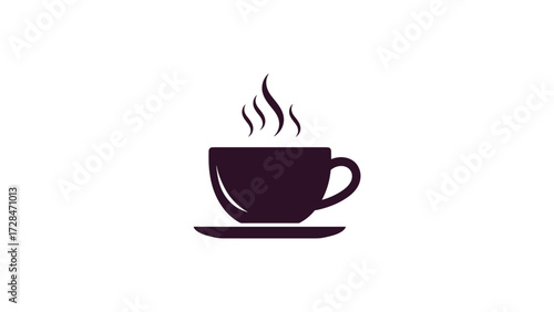 A simple dark brown icon of a steaming hot coffee cup sitting on a matching saucer against a plain white background.
