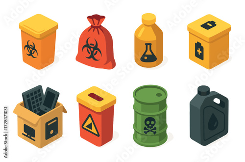 Colorful hazardous waste containers with warning symbols