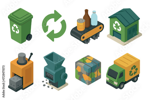 Isometric recycling icons set: trash, bottles, conveyor, bin, truck
