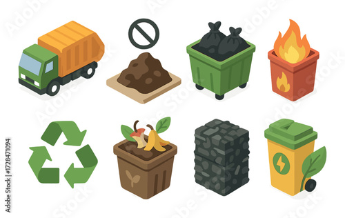 Isometric recycling and waste management icons with trash truck and trash bins