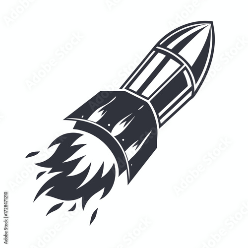 Dark rocket soars skyward with flames and smoke, signifying mission launch