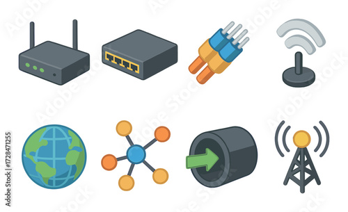 Network connection icons: router, cables, signal, earth, data nodes, port, antenna