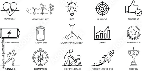 Set of Simple Line Icons for Business Concepts and Healthy Lifestyle Including Heartbeat Growing Plant Idea Bullseye Thumbs Up Battery Charging Mason Jar