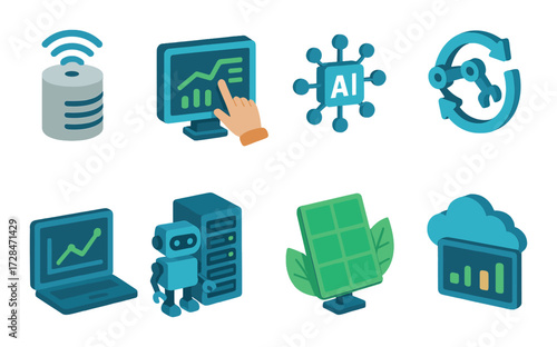 Futuristic ai and technology symbols with data analytics and automation concepts