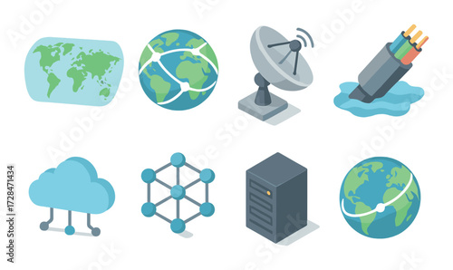 Digital connectivity symbols: globe, satellite, server, cloud, network, cable
