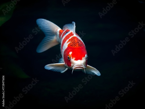 A vibrant red and white Koi fish swims in dark water, facing the viewer with its fins extended.