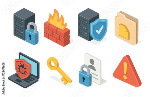 Isometric cybersecurity icons: firewall, encryption, data protection, antivirus, security alert