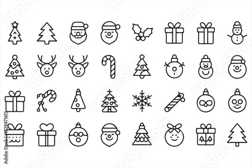 Festive holiday doodle vector pack, outline icons of Christmas decorations, snowflakes, candy canes, and reindeer