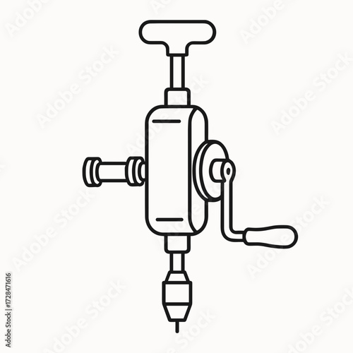 Vintage hand drill in minimalist line art style on white background  