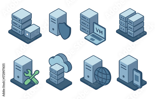 Network server icons: security, virtualization, cloud computing, and data management