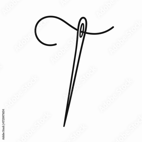 Sewing needle with thread in simple black line illustration  