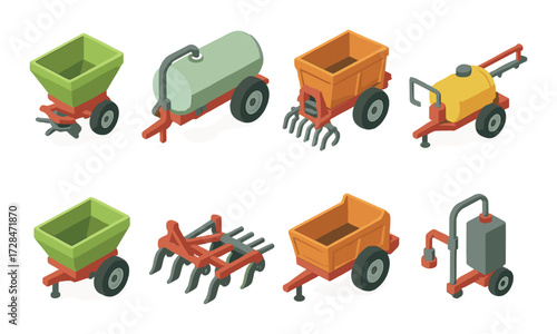 Colorful isometric farming equipment icons in various colors and designs
