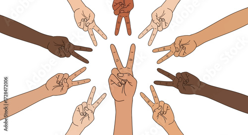 Diversity: Hands of different skin tones forming a circle with peace signs.
