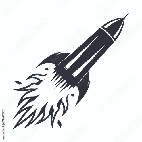 Detailed line drawing presents a classic rocket ship blasting off with voluminous smoke trails