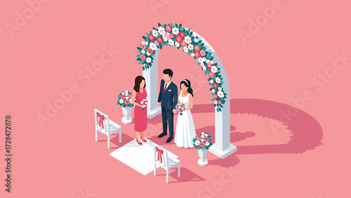 Vector Isometric Wedding Ceremony with Floral Arch on Minimalist Pink Background