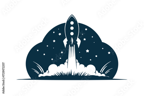 Detailed monochrome space shuttle blasts off amid fiery smoke and shining starbursts above