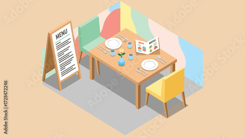 Isometric Vector Illustration of a Cozy Cafe Dining Table with Menu and Pastel Decor, Minimalist Restaurant Setting