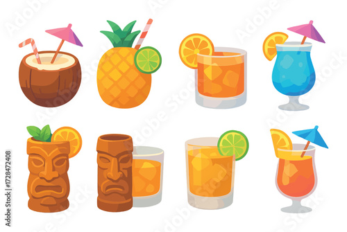 Variety of tropical cocktails and drinks with fruits and umbrellas