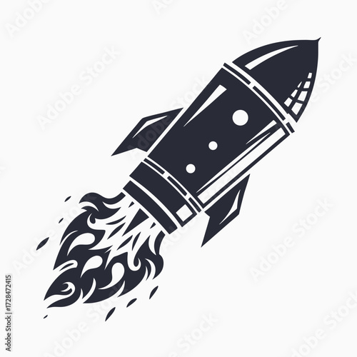 Engraved vintage rocket soaring upwards with fire for a retro space adventure look