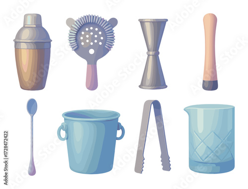 Glowing cocktail bartender tools set with strainer jigger and ice bucket