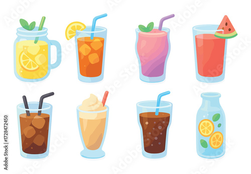Colorful assortment of refreshing summer drinks with fruits and ice