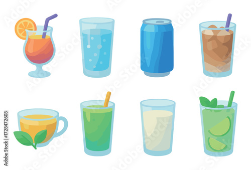 Variety of refreshing beverages: cocktails, sodas, tea, and smoothies