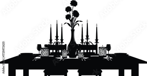Elegant dinner table silhouette with flowers, candles, and glassware