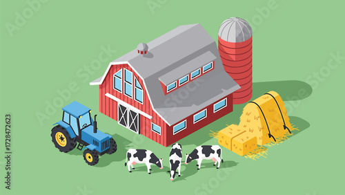 Isometric Vector Farm Scene: Red Barn, Silo, Tractor, and Grazing Cows on Green
