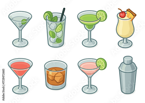Colorful cocktail illustrations featuring classic drinks and shaker