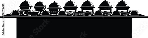 Catering buffet with chafing dishes, plates, and serving spoons