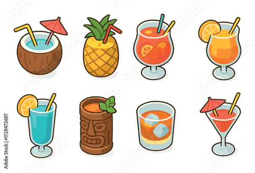 Colorful tropical cocktails in fun glasses with fruit garnishes and straws