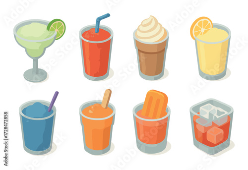 Vibrant assortment of colorful frozen drinks and smoothies with ice