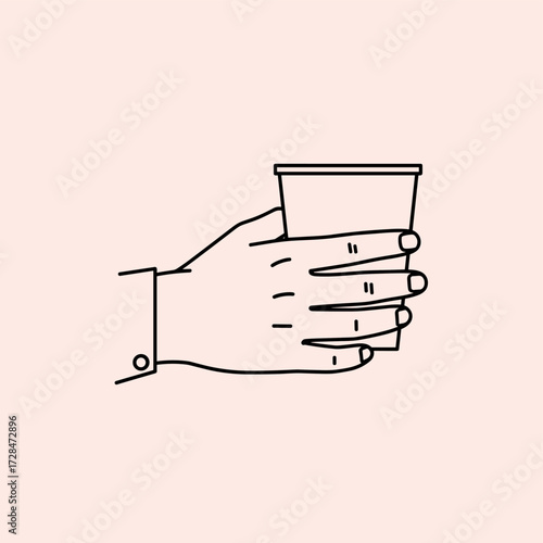 A minimalist line drawing of a hand holding a disposable cup against a pale pink background.