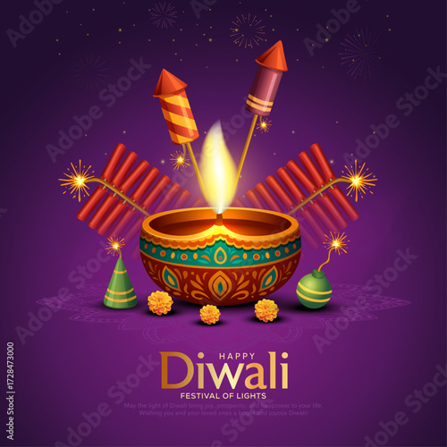 Indian festival Happy Diwali with Diwali Crackers, holiday Background, Diwali celebration greeting card, vector illustration design.
