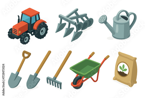 Colorful farming tools and machinery illustration