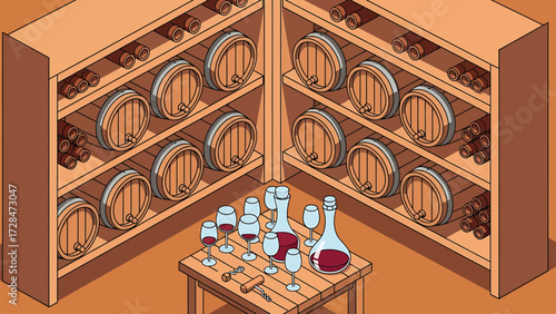 Isometric Vector Wine Cellar Illustration with Barrels, Decanters, and Glasses on a Wooden Table