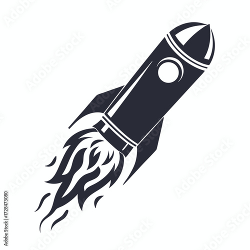 Gray rocket ship soars, propelled by stylized flame emission on its space bound voyage
