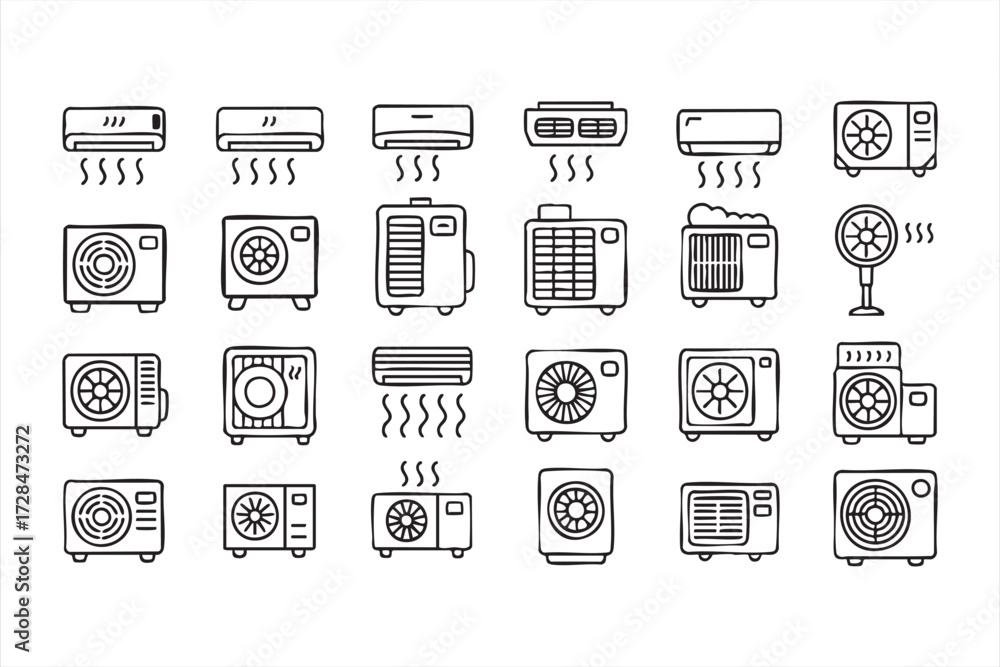 Fototapeta premium Climate control vector illustrations, doodle icons of fans, vents, and cooling systems for appliances and technology