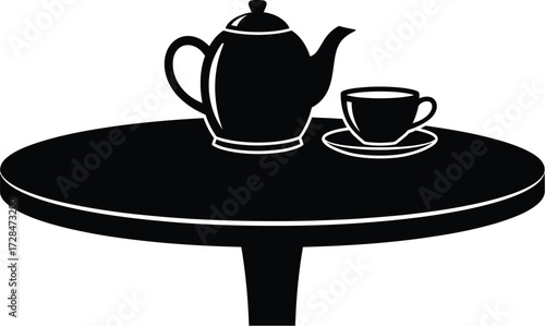 Black teapot and teacup on a round table, simple vector illustration