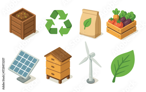 Sustainable practices: composting, recycling, solar energy, wind power, organic farming icons